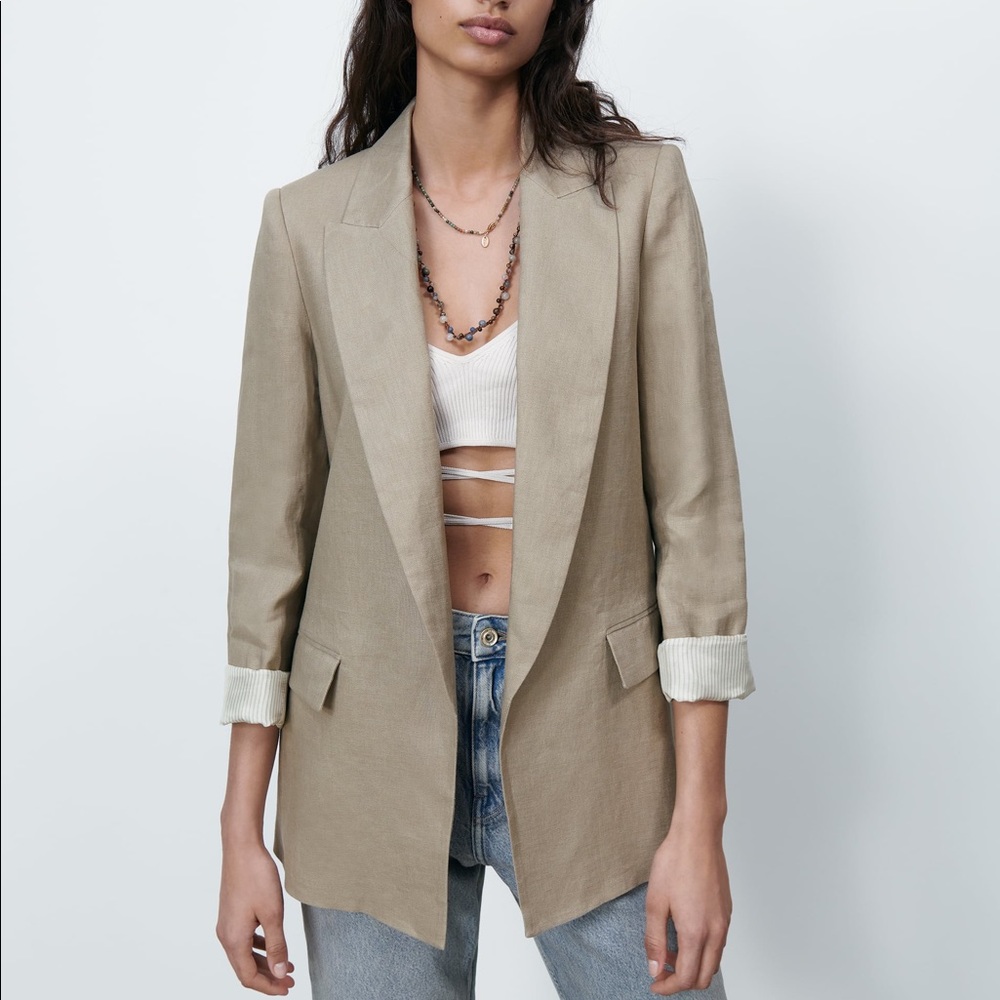 Zara Tan Linen Blazer Jacket Size XS Open Front Oversized